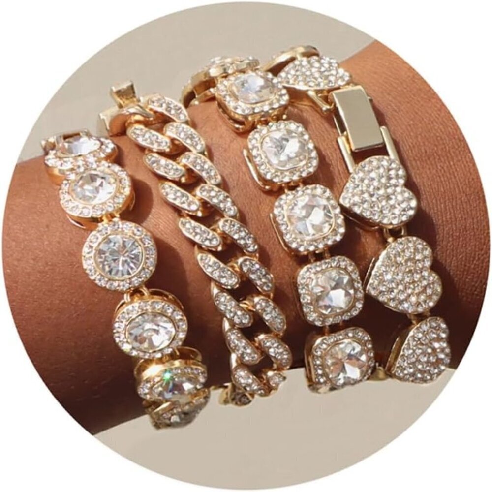 4PCS Gold & Silver Bracelets for Women Tennis Heart Cuban Layered Set Tennis